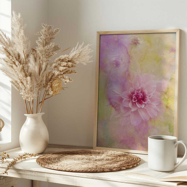 Dreamy Pink Dahlia - Floral Photographic Stretched Canvas Poster or Fine Art Print