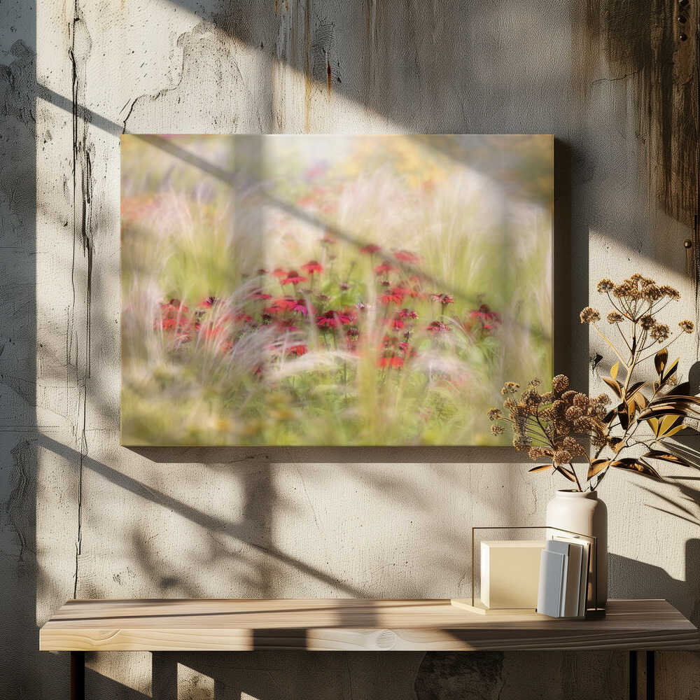 Dreamy Red Flowers - Floral Photographic Stretched Canvas Poster or Fine Art Print