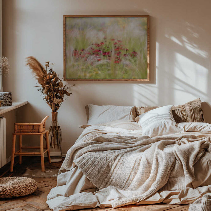 Dreamy Red Flowers - Floral Photographic Stretched Canvas Poster or Fine Art Print
