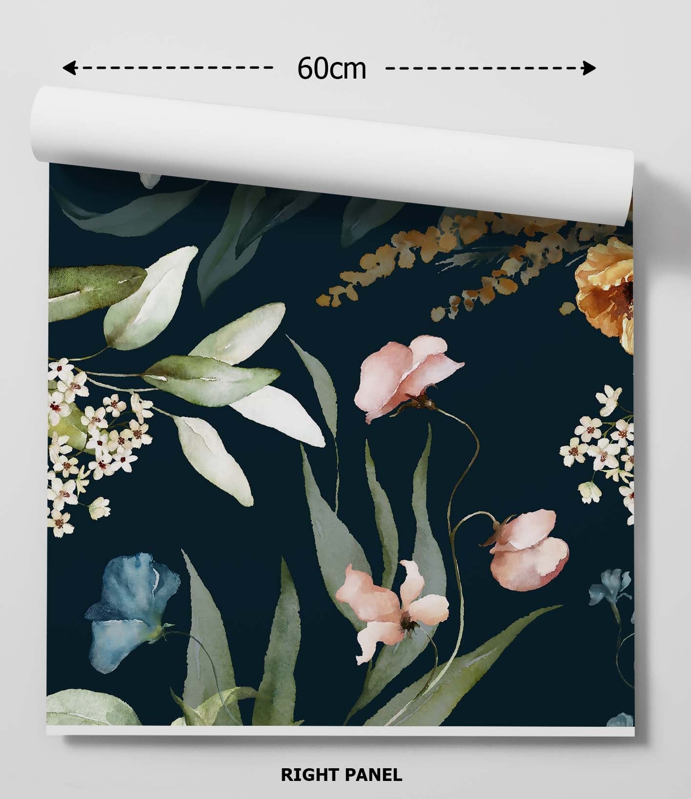 A rolled-up dutch florals wallpaper panel with dark navy background featuring pink and peach floral watercolor design
