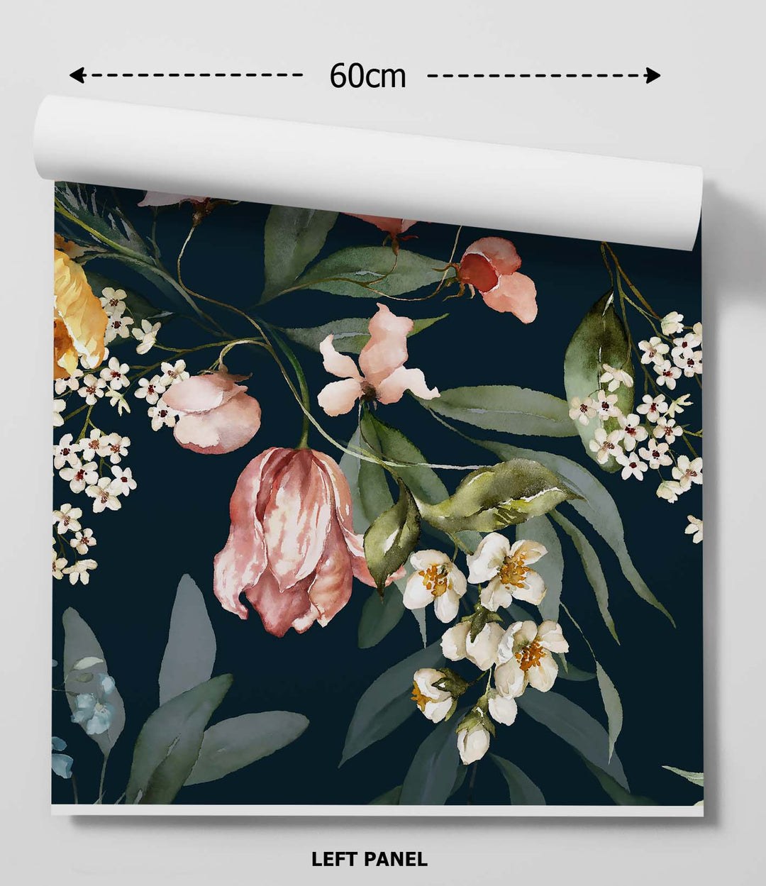 A rolled-up Dutch Florals dark design two wallpaper with delicate pink white and yellow floral pattern on navy background