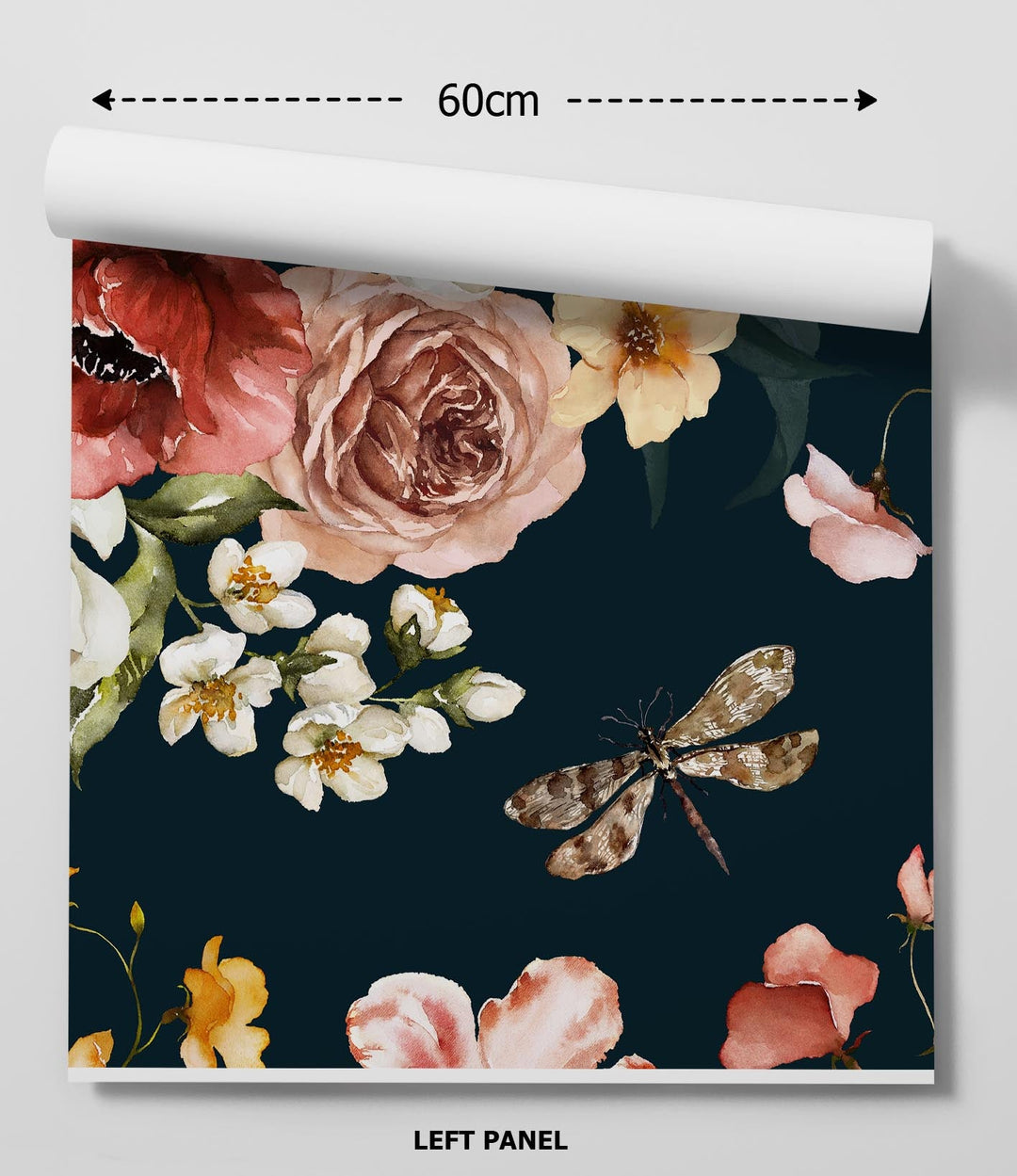 A rolled-up dutch florals dark wallpaper panel with watercolor roses white blossoms and a dragonfly on navy background