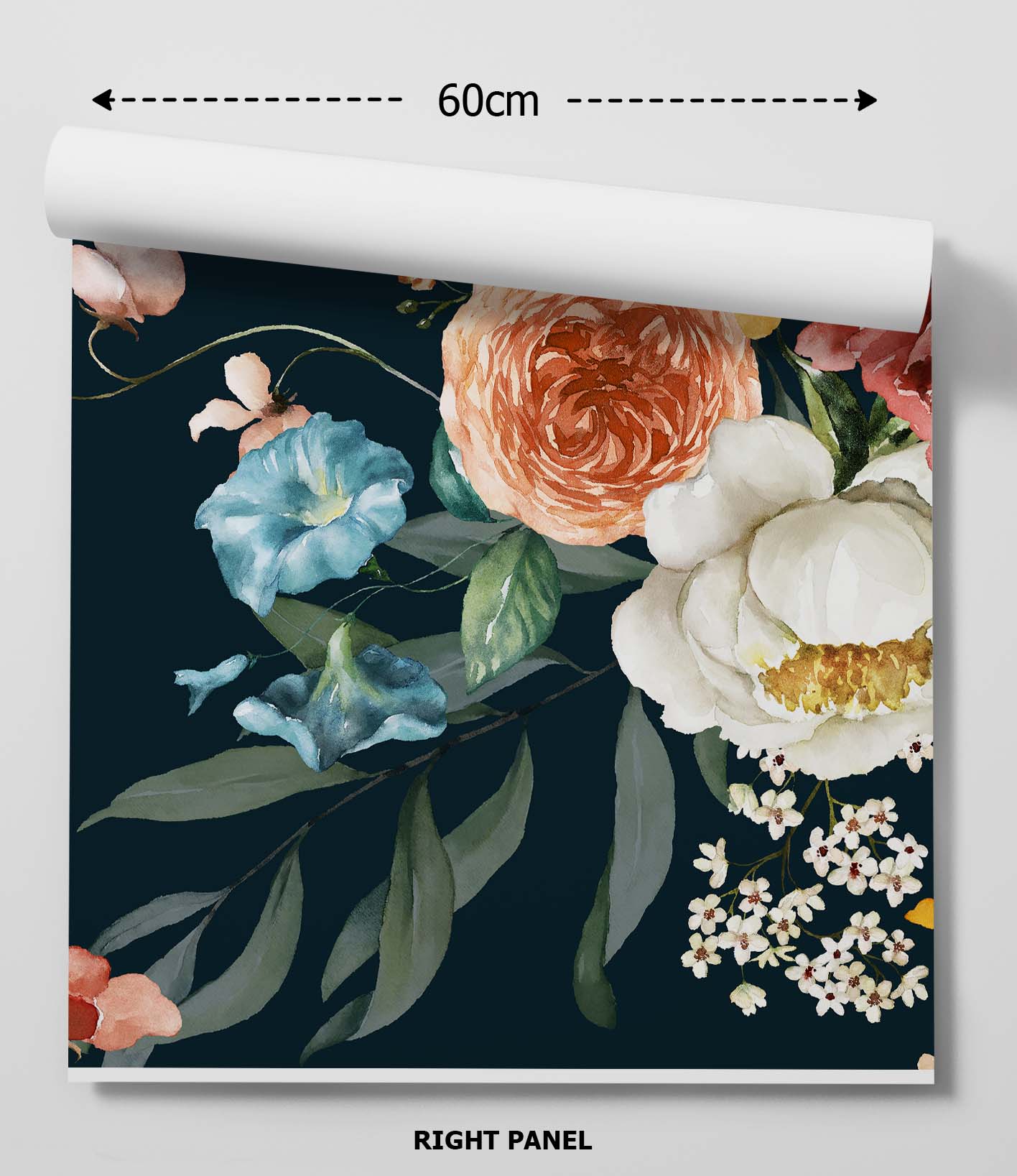 A rolled-up dutch florals dark wallpaper panel with a dark navy background and peach white blue watercolor blooms