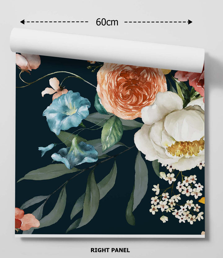 A rolled-up dutch florals dark wallpaper panel with a dark navy background and peach white blue watercolor blooms