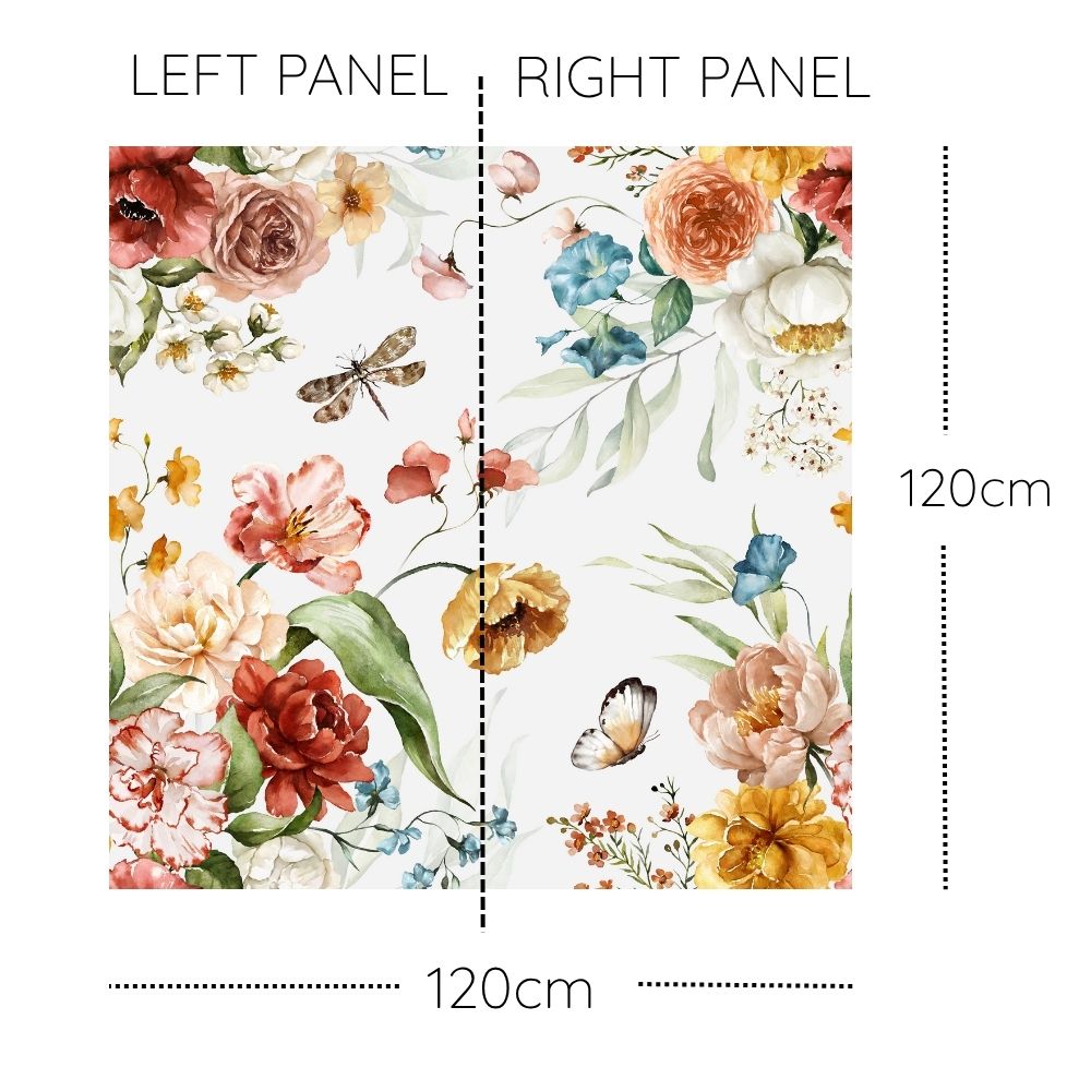 A 120cm floral peel and stick wallpaper panel with watercolor roses, butterflies, and leaves in soft pastels