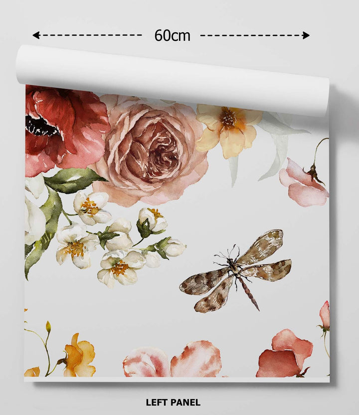 A delicate watercolor floral peel and stick wallpaper panel with soft pink peach cream roses and a brown dragonfly on light background