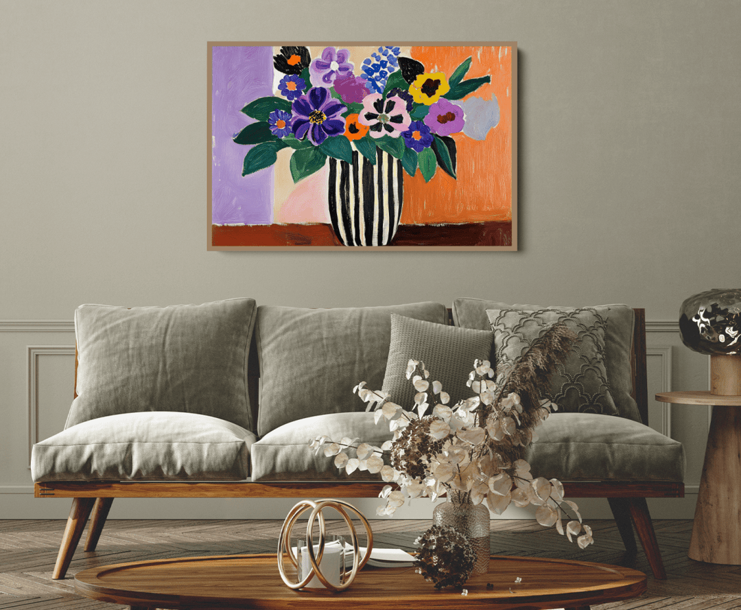 Eccentric Bouquet - Colourful Still Life Vase of Flowers, Stretched Canvas or Wall Art Print - I Heart Wall Art - Poster Print, Canvas Print or Framed Art Print