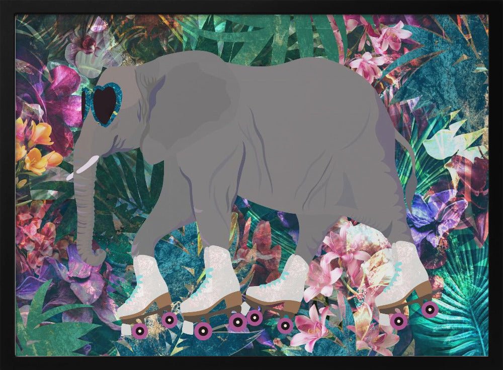 Elephant Rollerskating in the jungle - Stretched Canvas, Poster or Fine Art Print - I Heart Wall Art - Poster Print, Canvas Print or Framed Art Print