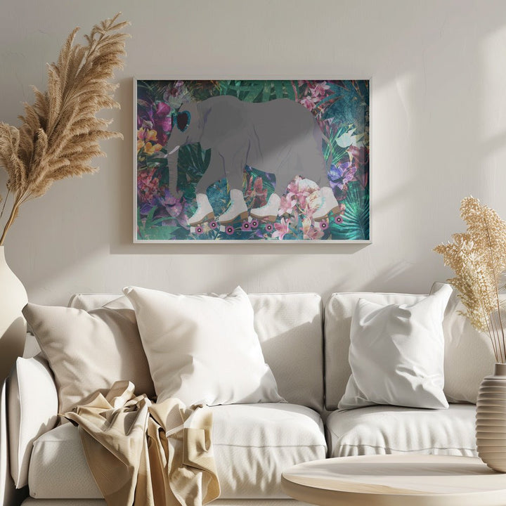 Elephant Rollerskating in the jungle - Stretched Canvas, Poster or Fine Art Print - I Heart Wall Art - Poster Print, Canvas Print or Framed Art Print