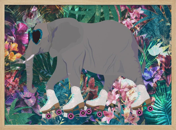 Elephant Rollerskating in the jungle - Stretched Canvas, Poster or Fine Art Print - I Heart Wall Art - Poster Print, Canvas Print or Framed Art Print