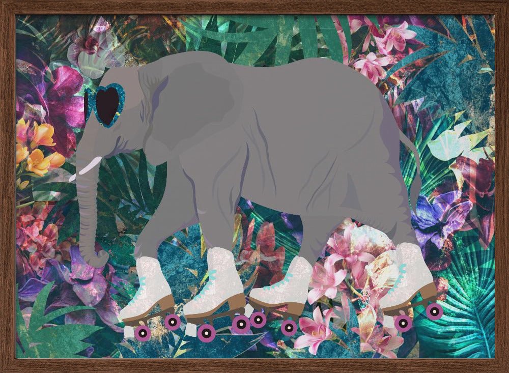Elephant Rollerskating in the jungle - Stretched Canvas, Poster or Fine Art Print - I Heart Wall Art - Poster Print, Canvas Print or Framed Art Print