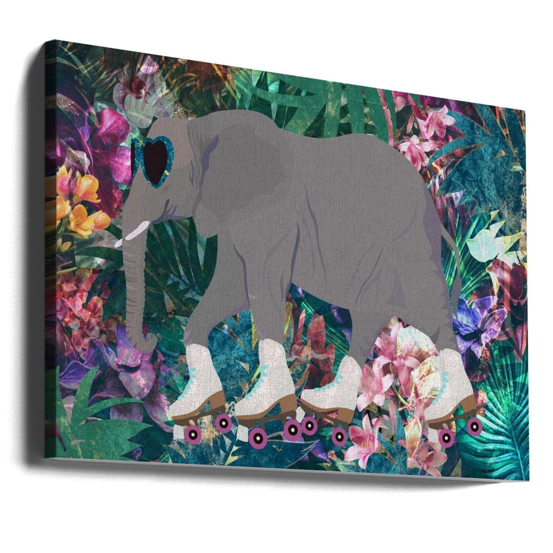 Elephant Rollerskating in the jungle - Stretched Canvas, Poster or Fine Art Print - I Heart Wall Art - Poster Print, Canvas Print or Framed Art Print