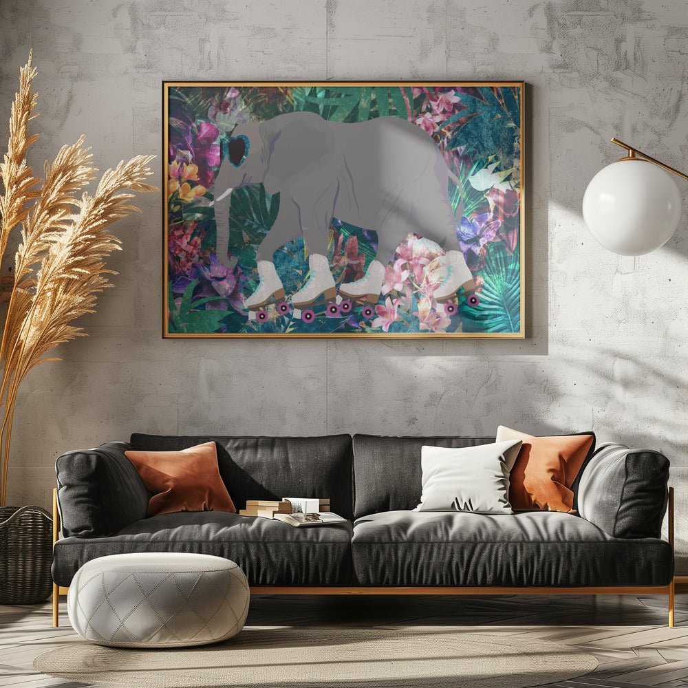 Elephant Rollerskating in the jungle - Stretched Canvas, Poster or Fine Art Print - I Heart Wall Art - Poster Print, Canvas Print or Framed Art Print