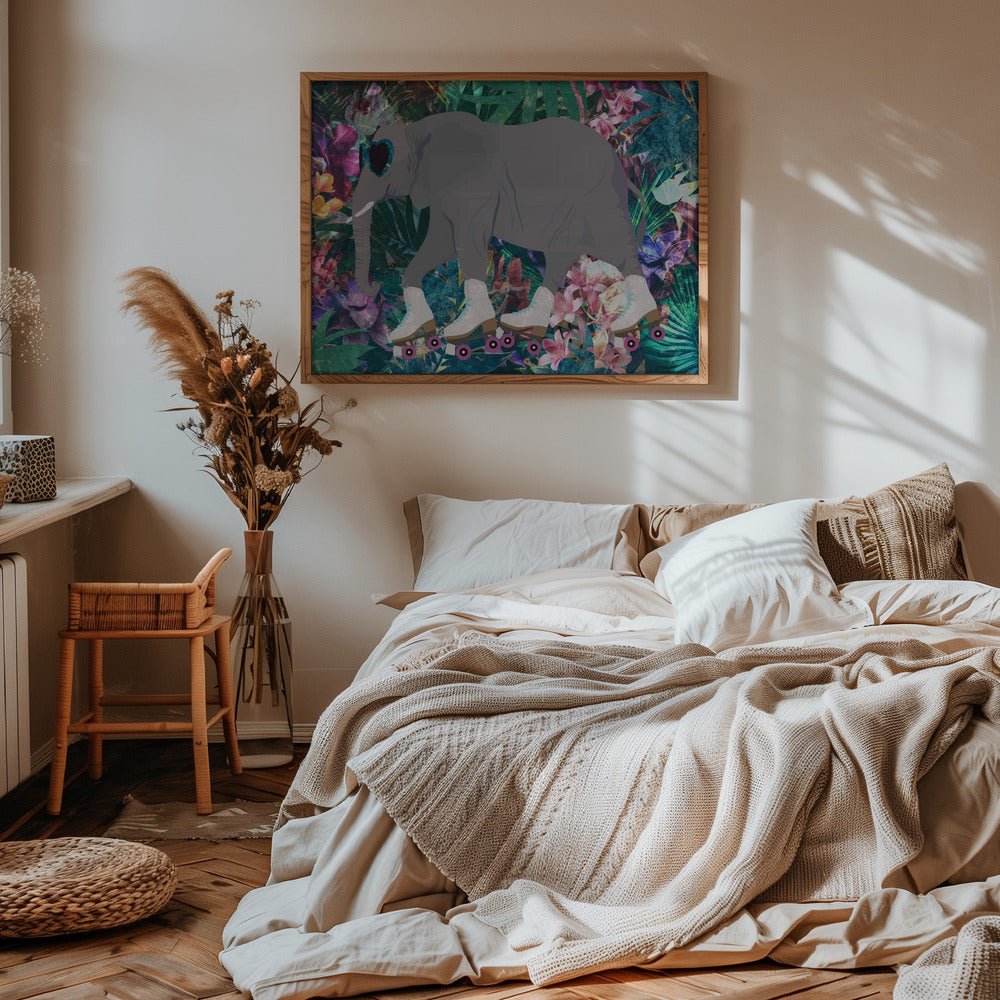 Elephant Rollerskating in the jungle - Stretched Canvas, Poster or Fine Art Print - I Heart Wall Art - Poster Print, Canvas Print or Framed Art Print