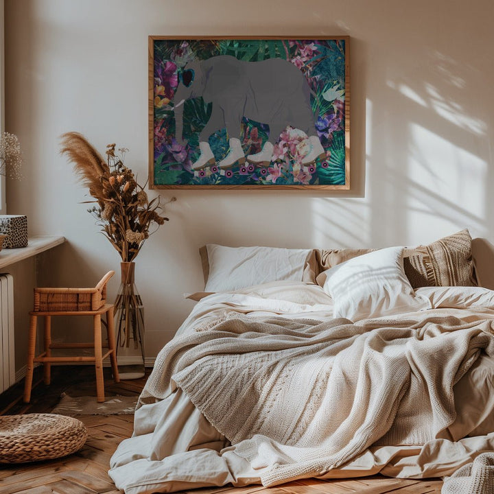 Elephant Rollerskating in the jungle - Stretched Canvas, Poster or Fine Art Print - I Heart Wall Art - Poster Print, Canvas Print or Framed Art Print