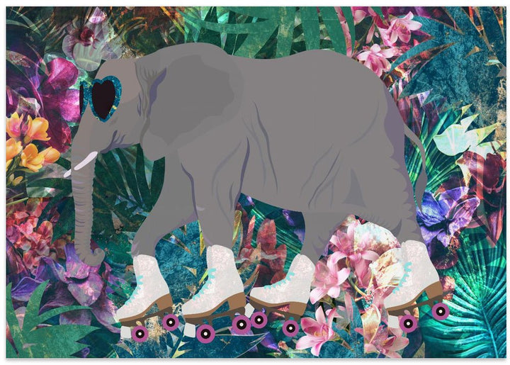 Elephant Rollerskating in the jungle - Stretched Canvas, Poster or Fine Art Print - I Heart Wall Art - Poster Print, Canvas Print or Framed Art Print