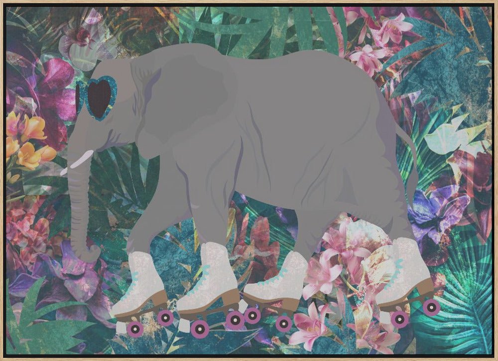 Elephant Rollerskating in the jungle - Stretched Canvas, Poster or Fine Art Print - I Heart Wall Art - Poster Print, Canvas Print or Framed Art Print