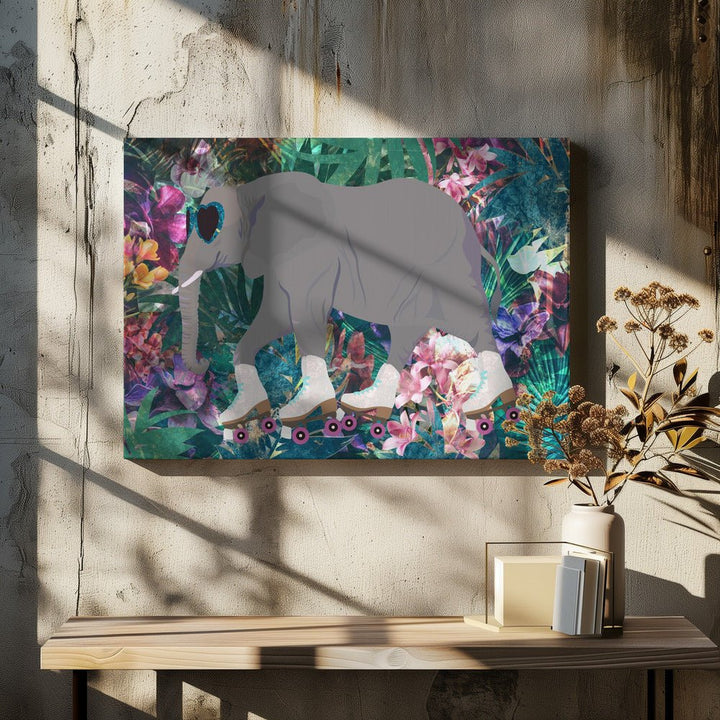 Elephant Rollerskating in the jungle - Stretched Canvas, Poster or Fine Art Print - I Heart Wall Art - Poster Print, Canvas Print or Framed Art Print