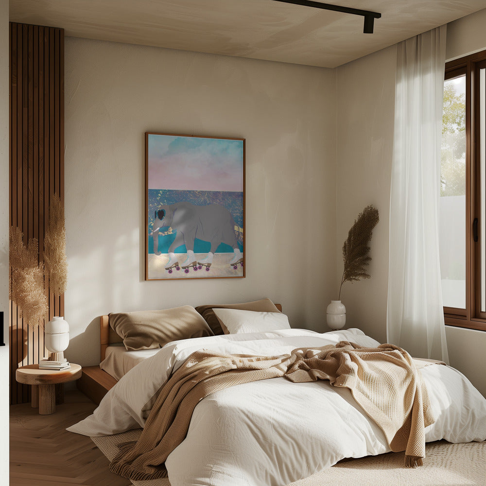 Elephant Rollerskating On holiday - Stretched Canvas, Poster or Fine Art Print I Heart Wall Art