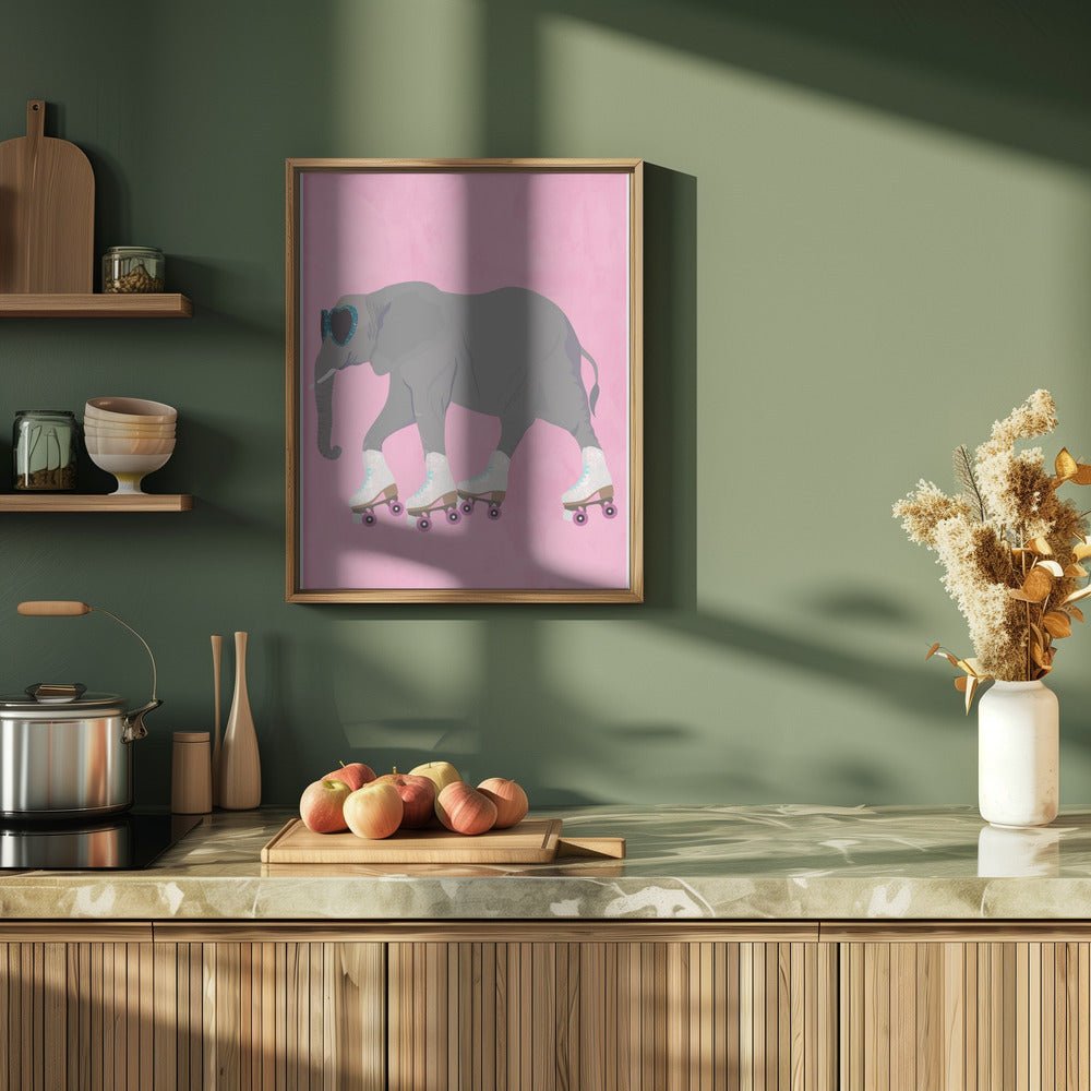 Elephant rollerskating pink - Stretched Canvas, Poster or Fine Art Print - I Heart Wall Art - Poster Print, Canvas Print or Framed Art Print