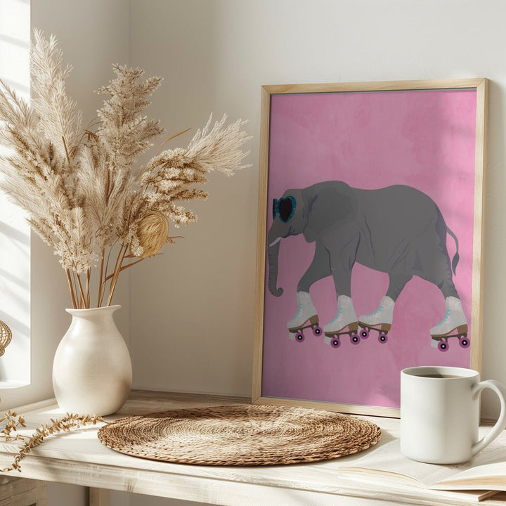 Elephant rollerskating pink - Stretched Canvas, Poster or Fine Art Print - I Heart Wall Art - Poster Print, Canvas Print or Framed Art Print