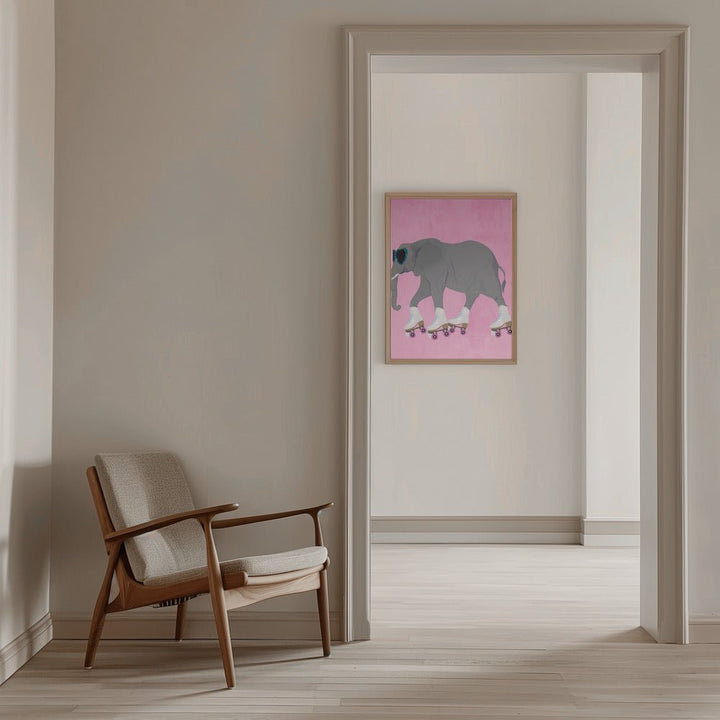 Elephant rollerskating pink - Stretched Canvas, Poster or Fine Art Print - I Heart Wall Art - Poster Print, Canvas Print or Framed Art Print