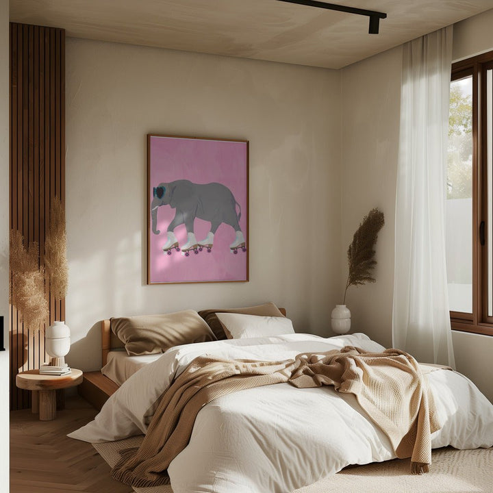 Elephant rollerskating pink - Stretched Canvas, Poster or Fine Art Print - I Heart Wall Art - Poster Print, Canvas Print or Framed Art Print