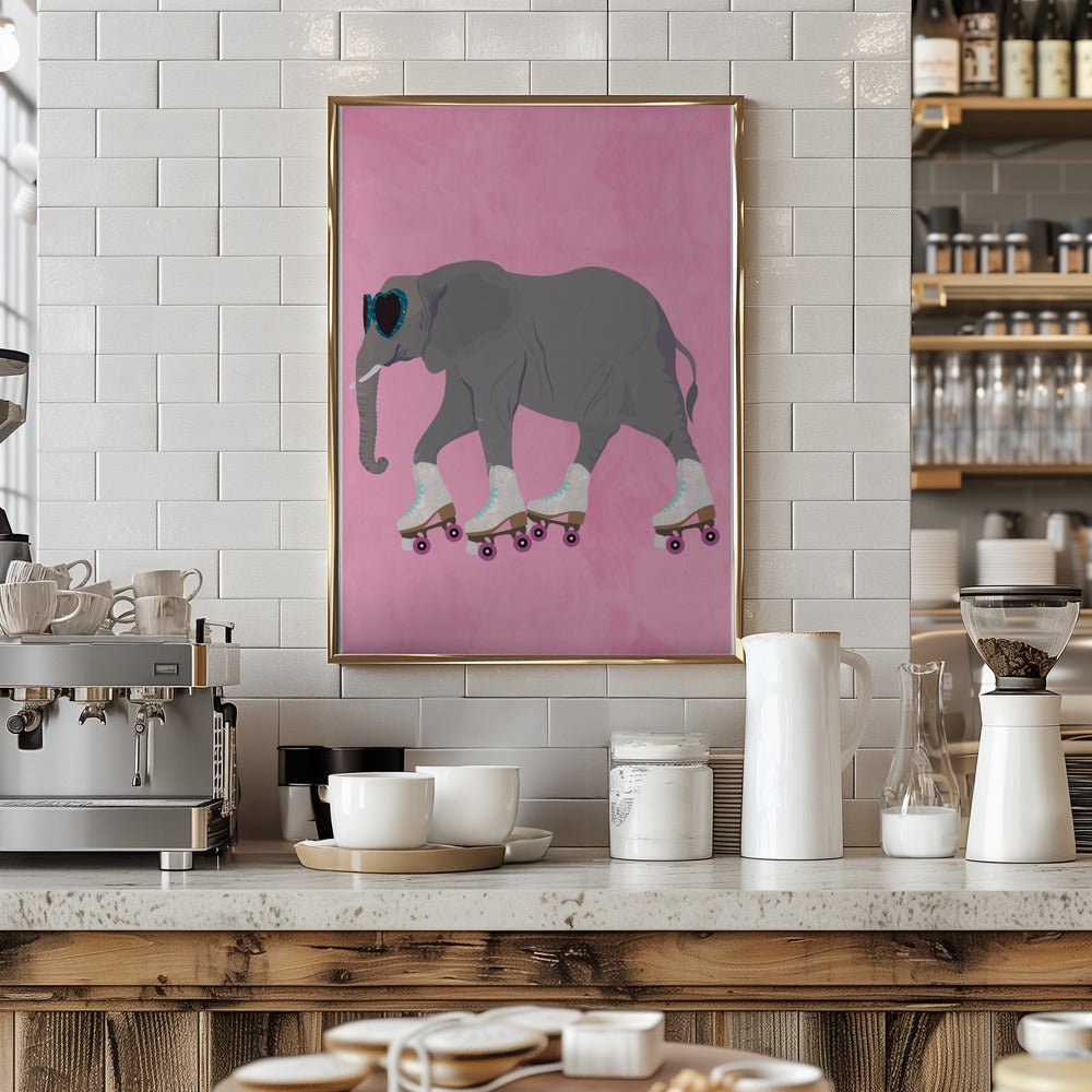 Elephant rollerskating pink - Stretched Canvas, Poster or Fine Art Print - I Heart Wall Art - Poster Print, Canvas Print or Framed Art Print