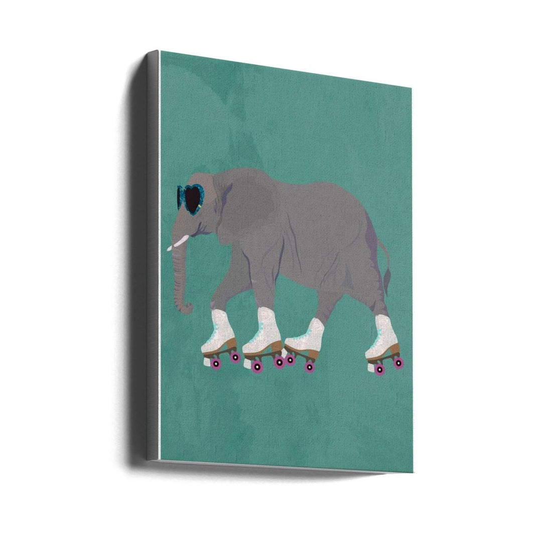 Elephant Rollerskating teal - Stretched Canvas, Poster or Fine Art Print - I Heart Wall Art - Poster Print, Canvas Print or Framed Art Print