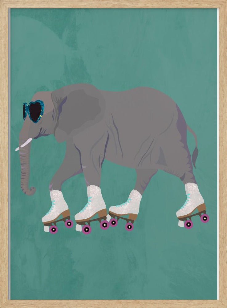 Elephant Rollerskating teal - Stretched Canvas, Poster or Fine Art Print - I Heart Wall Art - Poster Print, Canvas Print or Framed Art Print