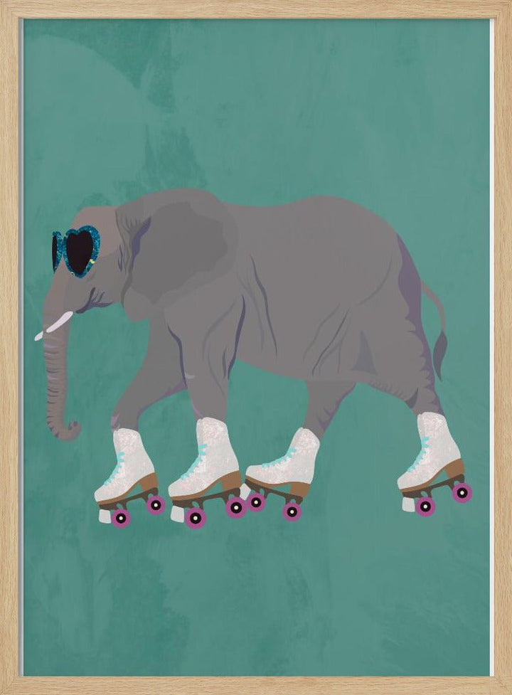 Elephant Rollerskating teal - Stretched Canvas, Poster or Fine Art Print - I Heart Wall Art - Poster Print, Canvas Print or Framed Art Print