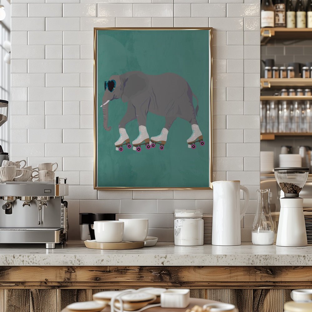 Elephant Rollerskating teal - Stretched Canvas, Poster or Fine Art Print - I Heart Wall Art - Poster Print, Canvas Print or Framed Art Print