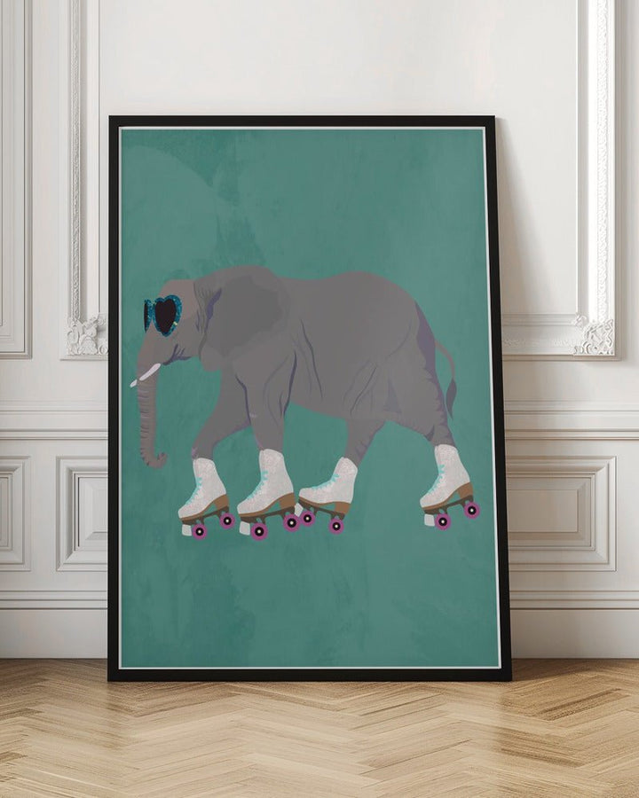 Elephant Rollerskating teal - Stretched Canvas, Poster or Fine Art Print - I Heart Wall Art - Poster Print, Canvas Print or Framed Art Print