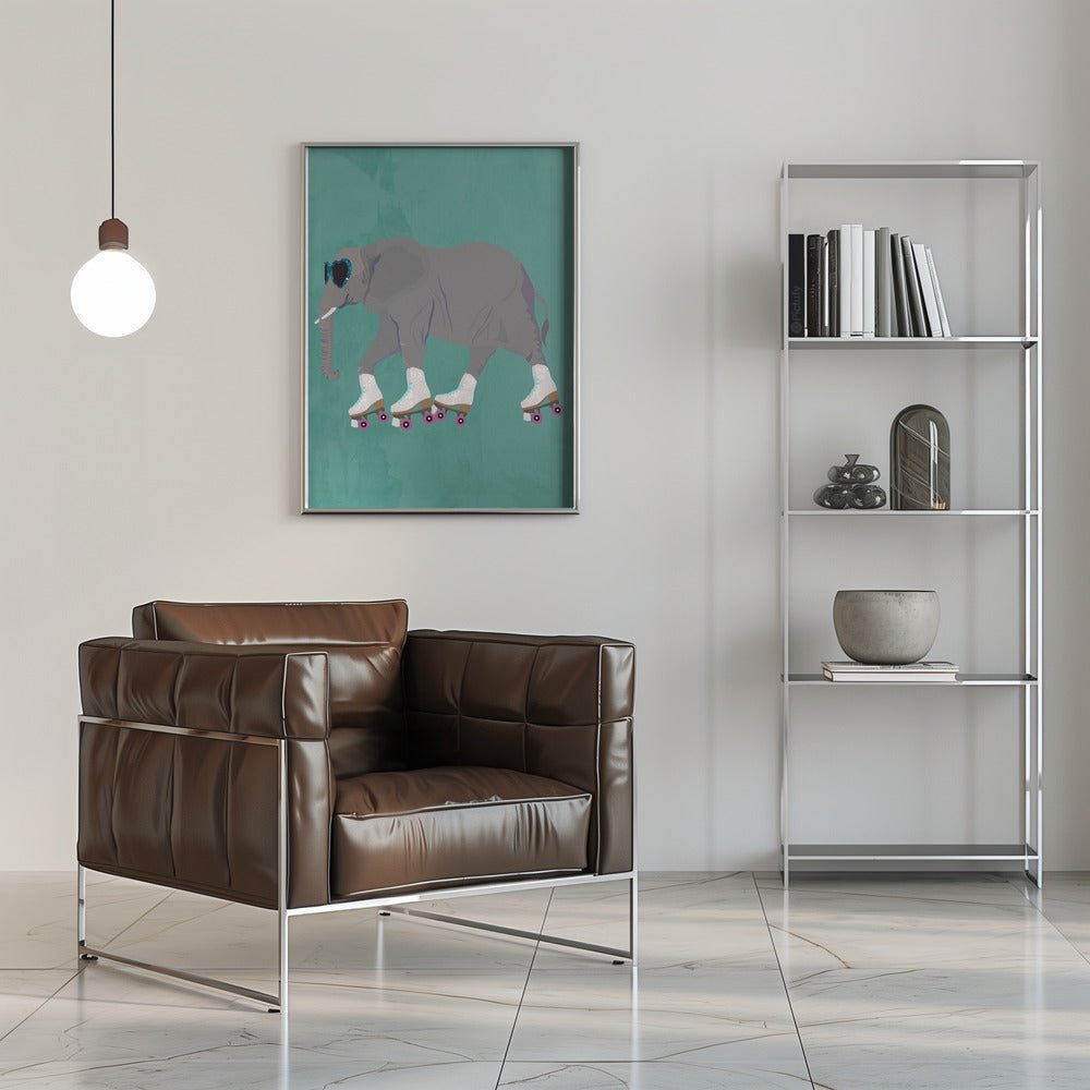 Elephant Rollerskating teal - Stretched Canvas, Poster or Fine Art Print - I Heart Wall Art - Poster Print, Canvas Print or Framed Art Print