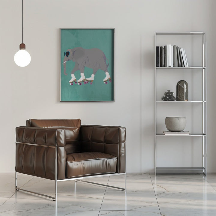 Elephant Rollerskating teal - Stretched Canvas, Poster or Fine Art Print - I Heart Wall Art - Poster Print, Canvas Print or Framed Art Print