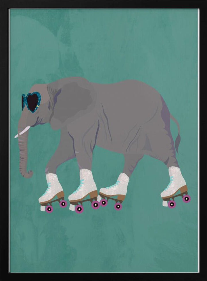 Elephant Rollerskating teal - Stretched Canvas, Poster or Fine Art Print - I Heart Wall Art - Poster Print, Canvas Print or Framed Art Print