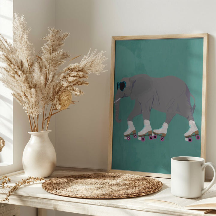 Elephant Rollerskating teal - Stretched Canvas, Poster or Fine Art Print - I Heart Wall Art - Poster Print, Canvas Print or Framed Art Print