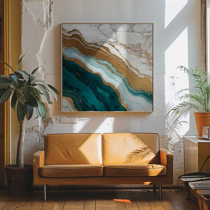 Emerald Gold Marble Flow - Square Stretched Canvas, Poster or Fine Art Print - I Heart Wall Art - Poster Print, Canvas Print or Framed Art Print