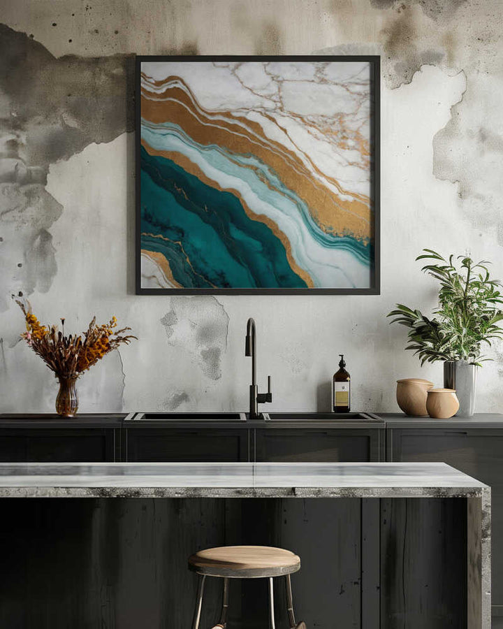 Emerald Gold Marble Flow - Square Stretched Canvas, Poster or Fine Art Print - I Heart Wall Art - Poster Print, Canvas Print or Framed Art Print