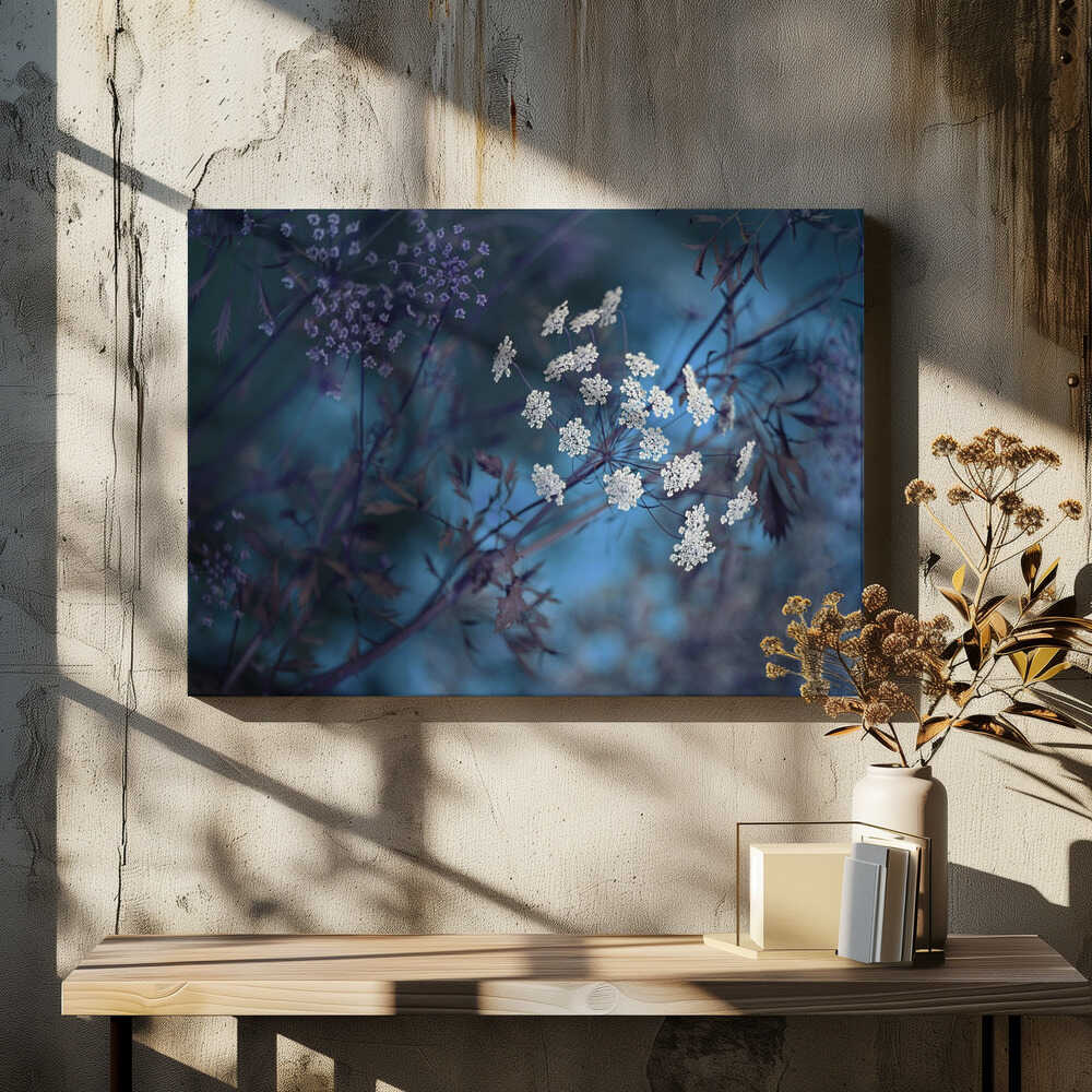 Ethereal Blue Flowers - Floral Photographic Stretched Canvas Poster or Fine Art Print