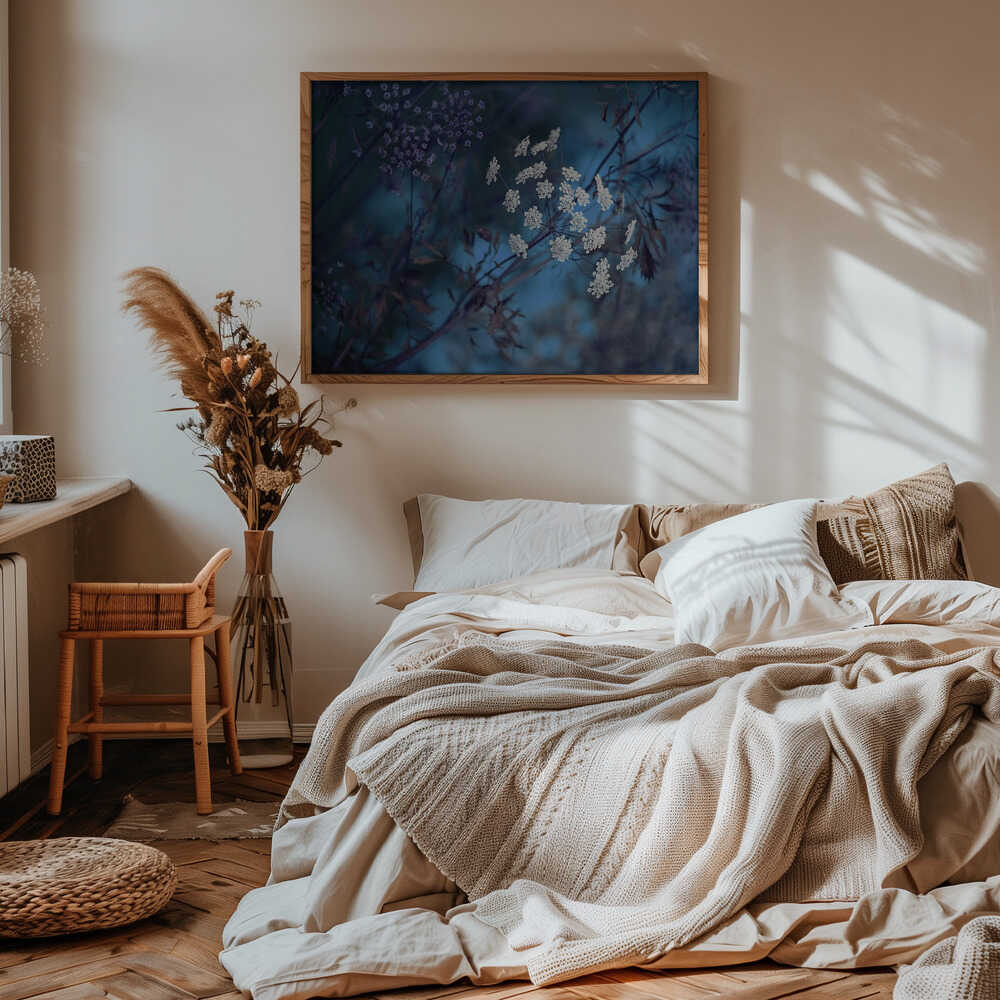 Ethereal Blue Flowers - Floral Photographic Stretched Canvas Poster or Fine Art Print