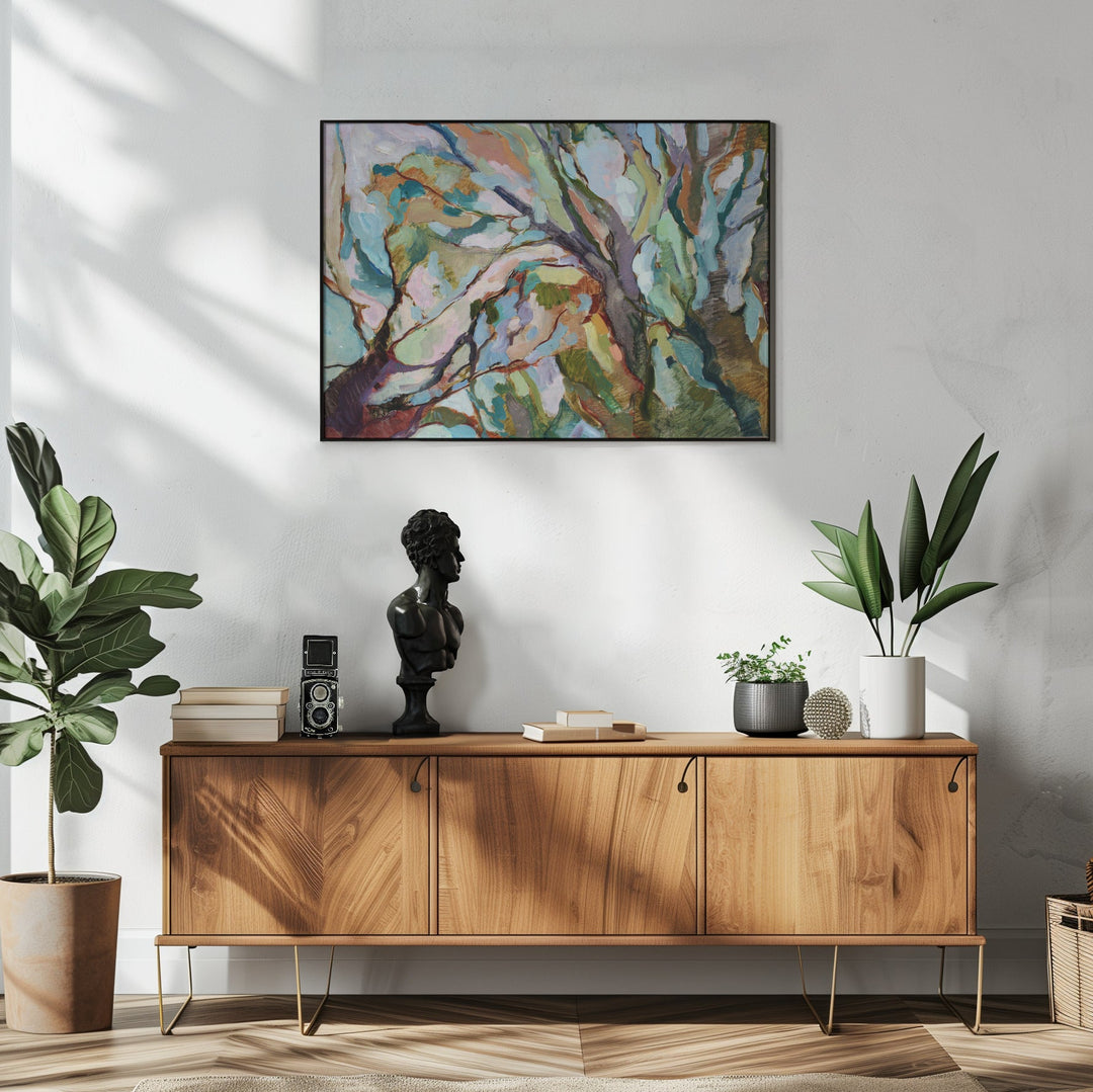 Abstract eucalyptus forest landscape painting with swirling greens blues and earthy tones on stretched canvas in black frame