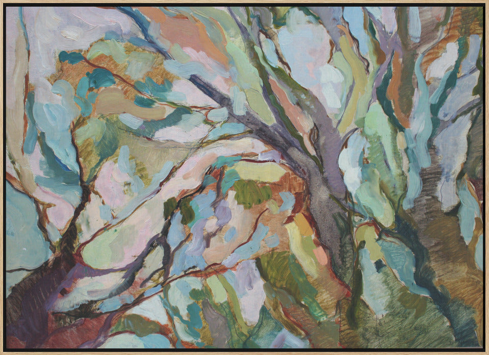 Abstract painting on stretched canvas of tree branches with textured brushstrokes in teal green beige and purple hues