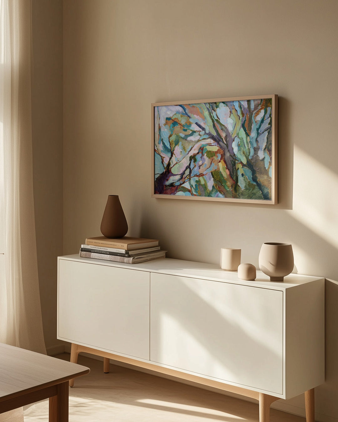 A framed original abstract australian bush painting eucalypt forest with blue green and brown tree branches on canvas