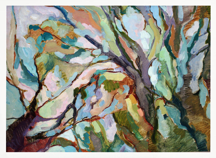 Eucalypt Forest original abstract Australian bush painting on stretched canvas with textured teal green pink earthy browns branches