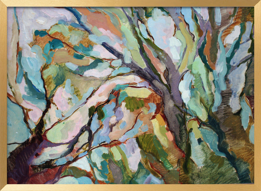 Abstract australian bush nature painting eucalypt forest in gold frame with teal green pink and earthy brown brushstrokes