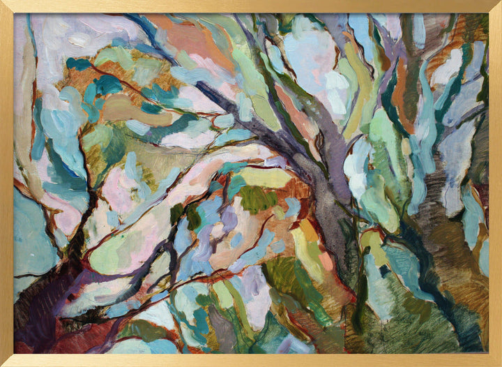 Abstract australian bush nature painting eucalypt forest in gold frame with teal green pink and earthy brown brushstrokes