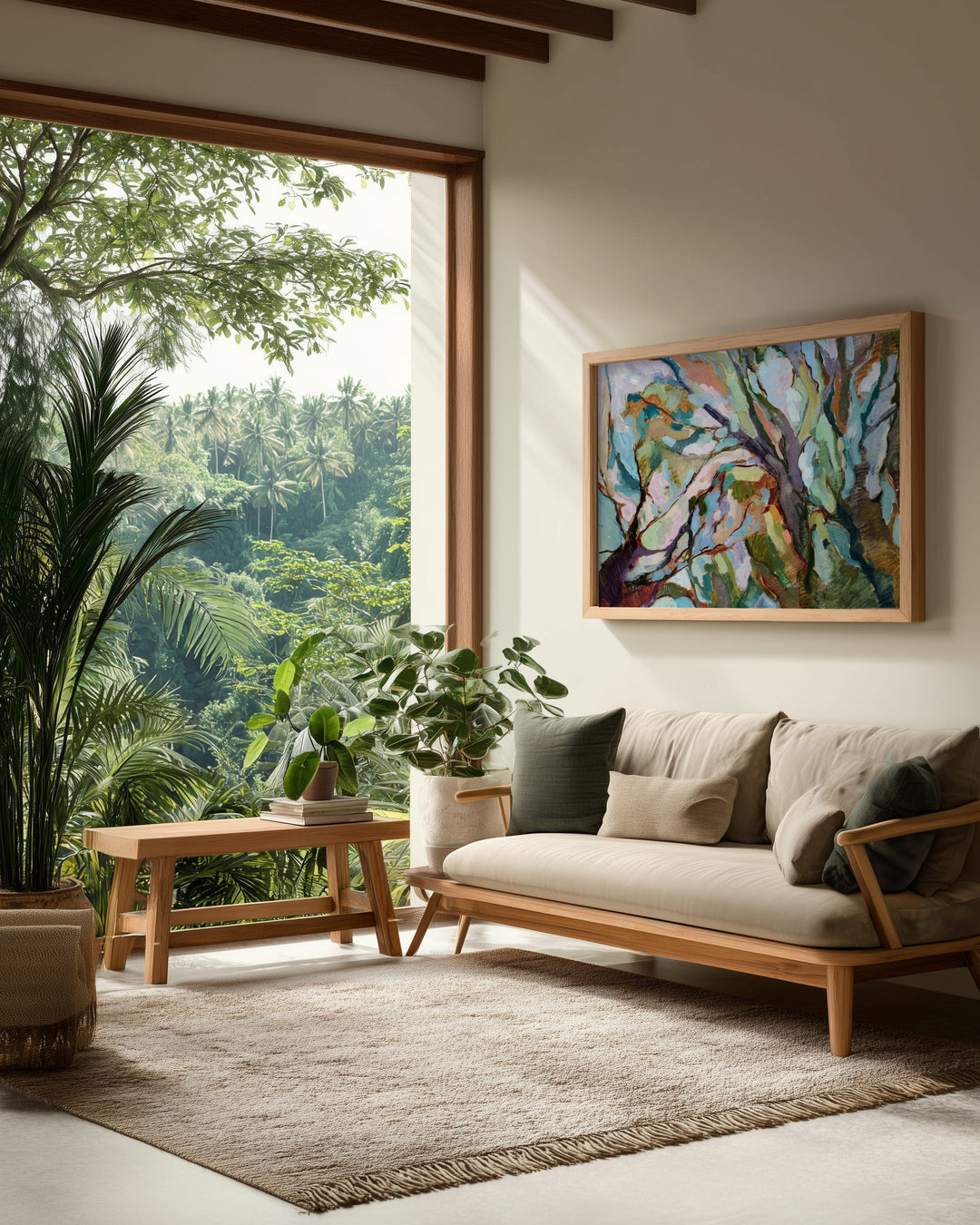 A framed original abstract Australian bush nature painting with vibrant swirling colors in a wooden frame above sofa