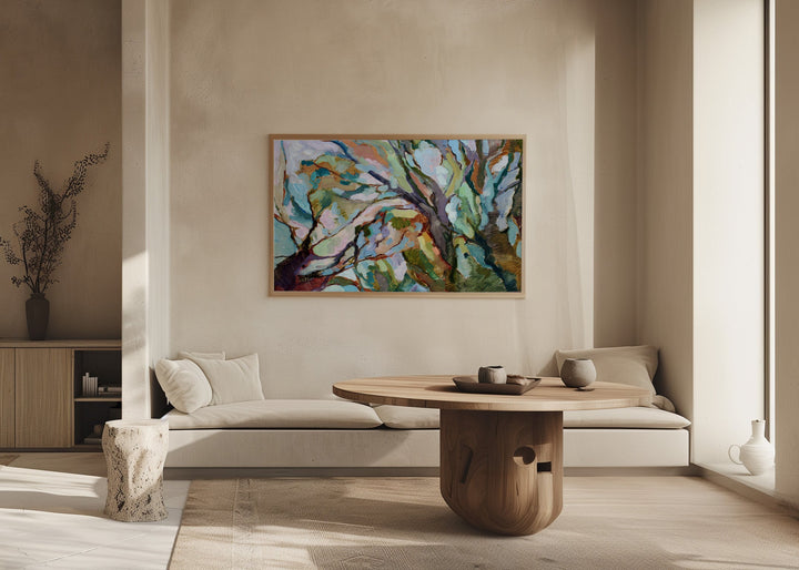 Eucalypt forest original abstract Australian bush nature painting with vibrant teal green and purple branches on canvas