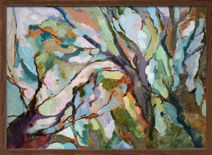 Eucalypt Forest original abstract Australian bush painting with bold teal green pink and brown brushstrokes in wooden frame